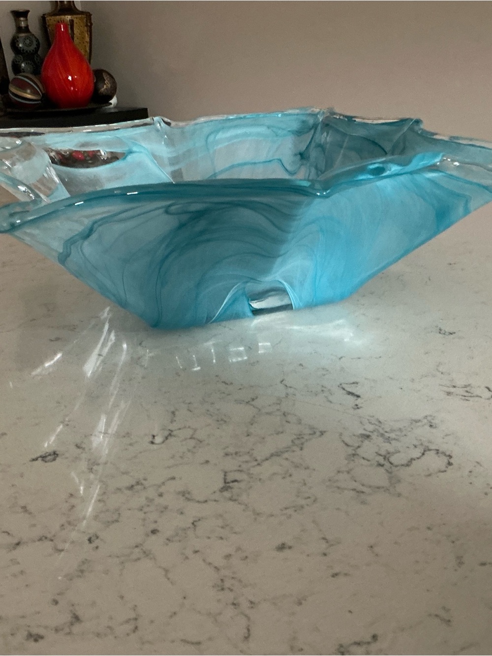 Vtg Italian hand blown turquoise blue ruffled glass bowl Murano
-style large